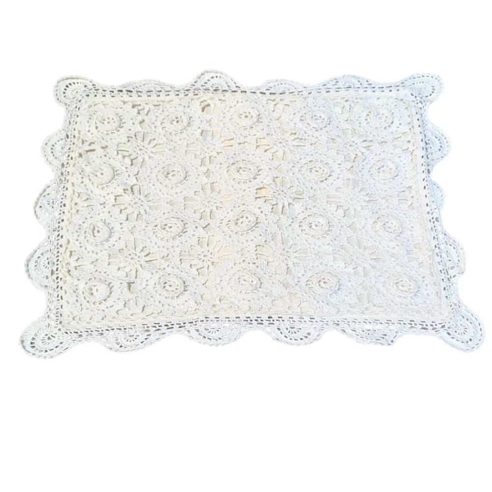 Pillow Sham Cream Crochet Lace and Rosette Overlay Cotton Ivory Retro Handmade